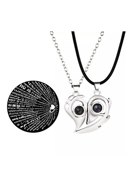 İYİ MODA 2 Adet Mıknatıslı Sevgili Kolyesi 100 Dilde Seni Seviyorum Yazılı Projeksiyon Mercekli Çift Kolyesi