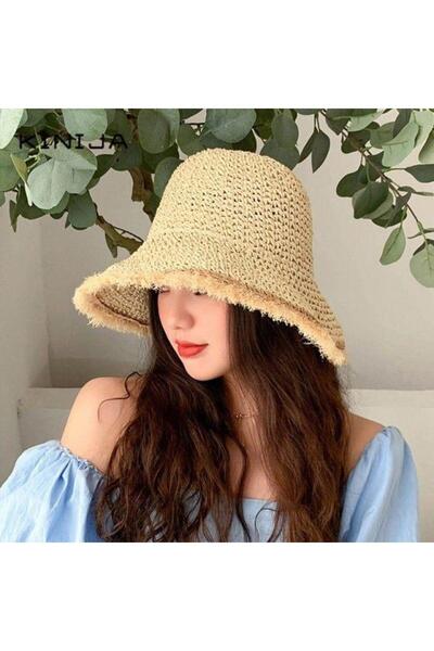 Axesoire 14613 Χειροποίητο Ψάθινο Καπέλο Μπεζ με Κρόσσια