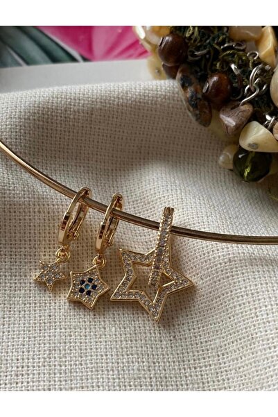 SU PERİSİ TAKI BİJUTERİ Gold 3lü Yıldız Set Küpe