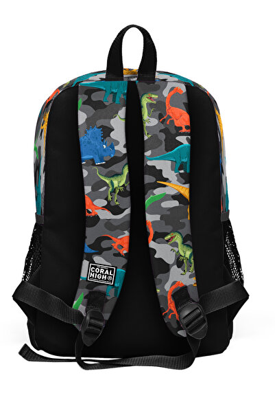 Coral High Kids Koyu Gri Siyah Kamuflaj Dinozor Desenli Dört Bölmeli Okul Sırt Çantası 23474