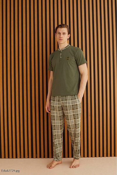 MEBA Men's Short Sleeve Khaki Green Seasonal Collar Buttoned Dowry Pajamas Set /3