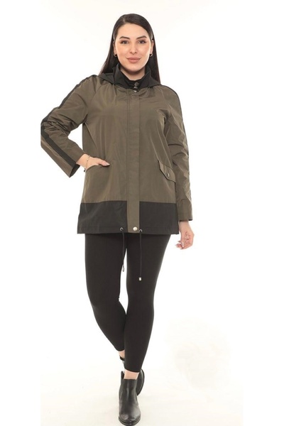HaiModa Kadın Mont Yağmurluk Kapüşonlu Haki Siyah