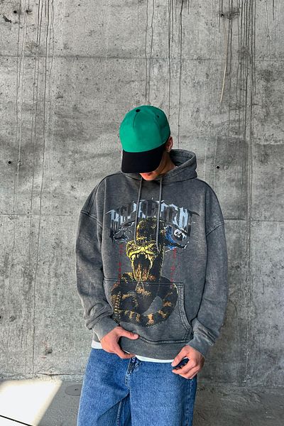 Flaw Wear Cobra Snake Printed Acid Wash Oversize Hoodie