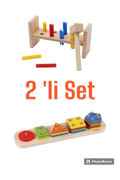 Two Two 2’li SETTİR-2 OYUN; 5li Ahşap Geometrik Eşleştirme Şekil Yerleştirme ve Çekiçli Çivi Çakma Oyunu