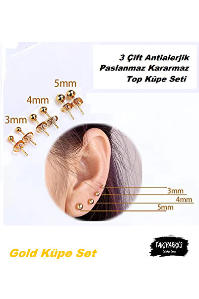 Takıparkxs TAKIPARKXS 3 Çift Antialerjik Unisex Gold Top Küpe Seti