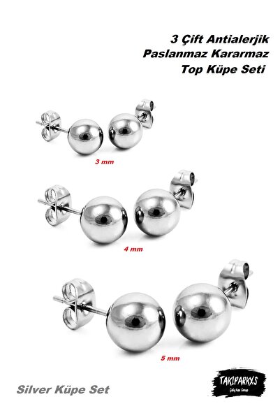 Takıparkxs 3-4-5 Mm 3 Çift Antialerjik Unisex Top Küpe Seti