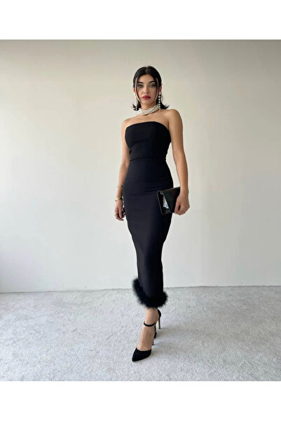 Genel Markalar Siyah tasarım eteği otriş(tüy) detay straplez elbise