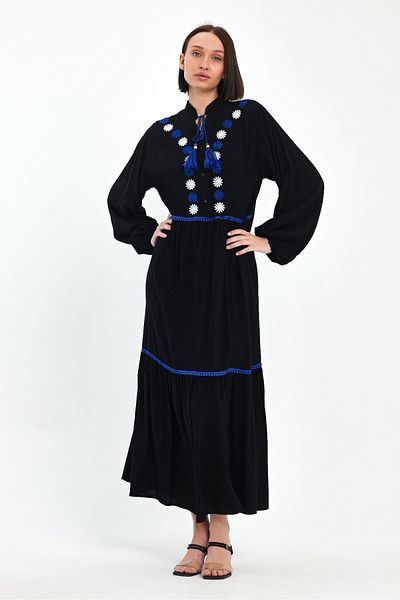 AYASOFYA OTANTIK Rochie lungă cu etaje pentru femei, neagră, cu guler cu plăcuțe, broderie cu flori, glezne, cu mâneci cu balon elastic