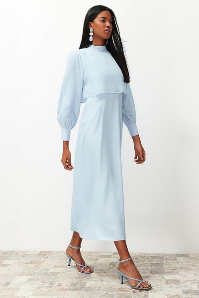 Trendyol Modest Hellblaues, detailliertes, gewebtes Kleid von Aller TCTSS24EB00190