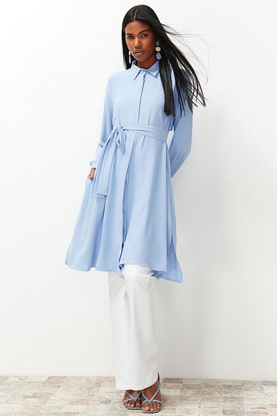 Trendyol Modest Cămașă Aerobin cu țesătură lungă albastru deschis TCTSS24TG00062