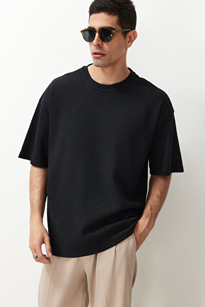 Trendyol Collection Basic Anthracite oversized / Μπλουζάκι με κοντό μανίκι με υφή βάφλας με φαρδιά κοπή TMNSS22TS00049