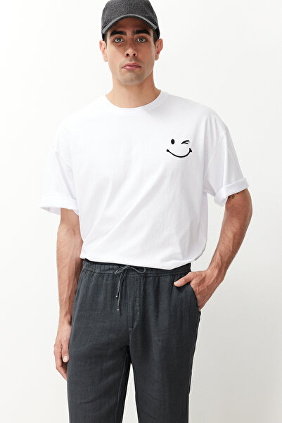 Trendyol Collection Limitovaná edice šedých plátěných kalhot – rovný střih, elastický pas, zavázáno Tmnss24Pl00018