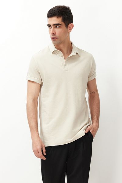 Trendyol Collection Stone Relaxed/Comfortablecut Textured 100% Cotton Polo Neck T-Shirt Tmnss24Po00019