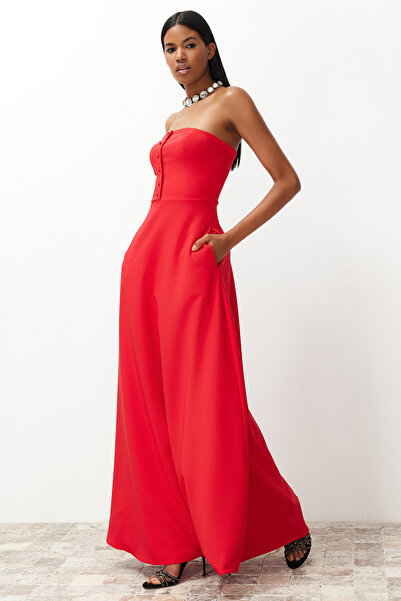 Trendyol Collection A-Cut Red Long Evening Dress - Buttoned and Woven TPRSS24AE00095