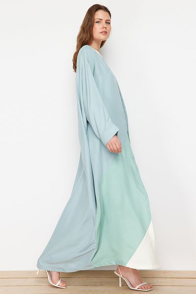 Trendyol Modest Lange gewebte Khaki-Kappe - Blockmuster Ferace TCTSS24KF00002
