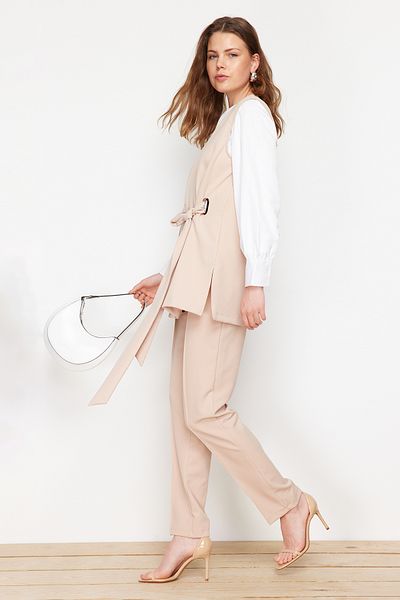 Trendyol Modest Beige Woven Fabric Vest and Trousers Set - TCTSS24US00035 with Accessory Detail