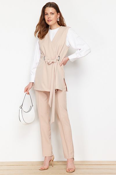 Trendyol Modest Beige Woven Fabric Vest and Trousers Set - TCTSS24US00035 with Accessory Detail