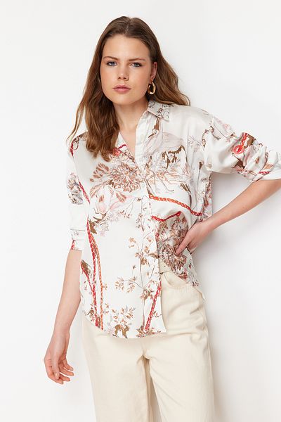Trendyol Collection Bézs virágmintás prémium oversize/széles szabású szatén szőtt ing TWOAW24GO00091