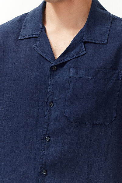 Trendyol Collection Prémium sötétkék 100% lenvászon túlméretezett ing TMNSS24GO00059
