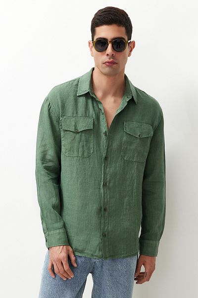 Trendyol Collection Prémiová tmavě zelená 100% lněná košile Regular Fit TMNSS24GO00060
