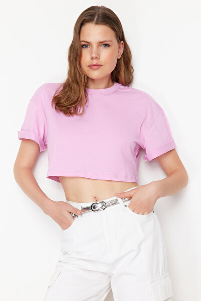 Trendyol Collection تي شيرت محبوك مصنوع من القطن السميك بنسبة 100% باللون الو...