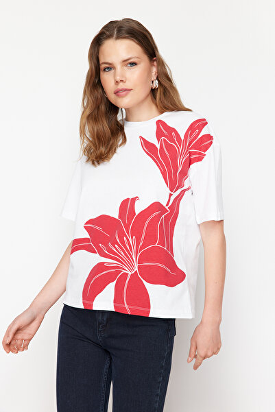 Trendyol Collection Λευκό 100% χοντρό βαμβακερό μπλουζάκι με στάμπα με λουλούδια, άνετο πλεκτό μπλουζάκι TWOSS24TS00208