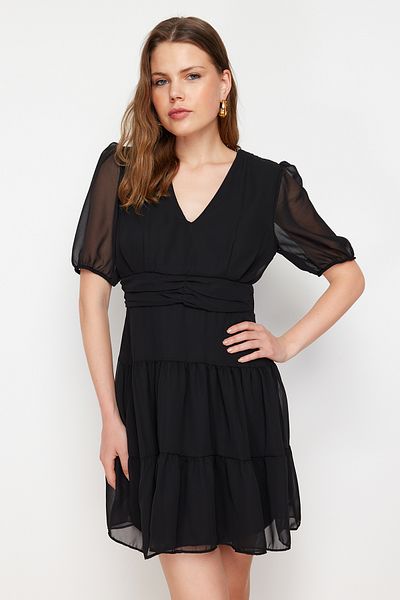 Trendyol Collection Black Waist Opening Flounce Chiffon Lined Mini Woven Dress TWOSS24EL00634