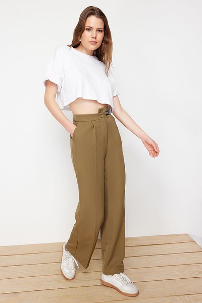 Trendyol Collection Light Khaki Wide Leg/Wide Leg Label Detailed Woven Trousers TWOSS24PL00082