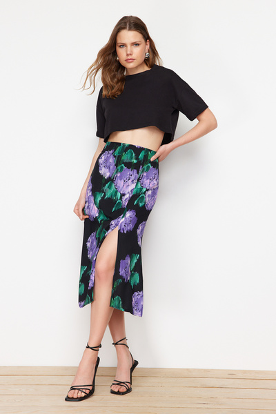 Trendyol Collection Lila hasított részletes viszkóz szövet mintás midi szőtt szoknya TWOAW22ET0447