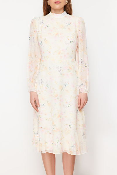 Trendyol Collection White A-Line Stand Collar Midi Lined Midi Woven Winter Dress Twoaw20El1313