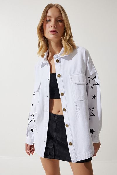 Happiness İstanbul Weiße, mit Sternen bestickte, übergroße Hemdjacke für Damen SA00026