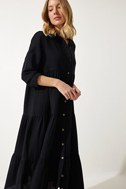Happiness İstanbul Γυναικείο φόρεμα μαύρο μουσελίνα πουκάμισο SA00024