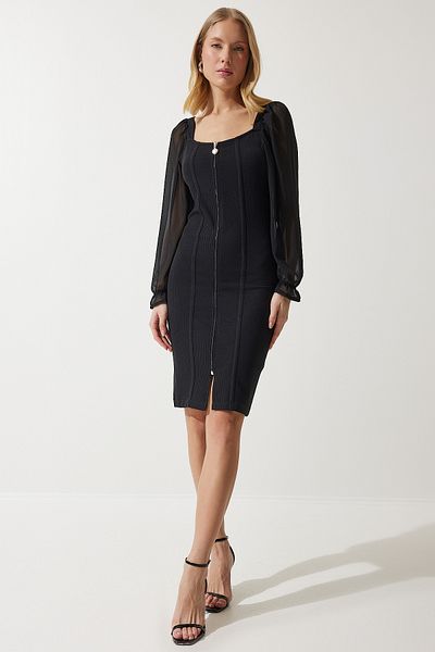 Happiness İstanbul Rochie de damă din șifon negru, cu fermoar, tricotată cu nervuri AN00188
