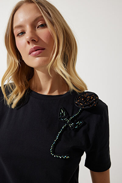 Happiness İstanbul Dámské pletené tričko s černými korálky a květinami JH00051