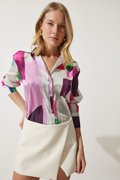 Happiness İstanbul Women's Pink Bone Patterned Satin Surface Shirt RG00019