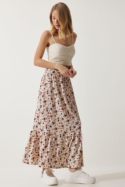 Happiness İstanbul Cremefarbener Viskoserock mit Volant und Blumenmuster für Damen DD01312