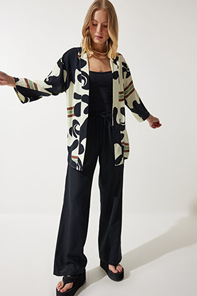 Happiness İstanbul Dámské černé kostěné vzorované viskózové kimono EN00615
