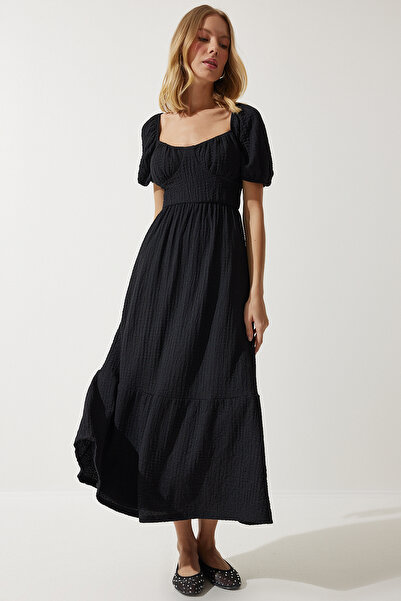 Happiness İstanbul Dámske letné pletené šaty s čiernym srdiečkovým golierom UB00050