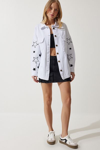 Happiness İstanbul Weiße, mit Sternen bestickte, übergroße Hemdjacke für Damen SA00026