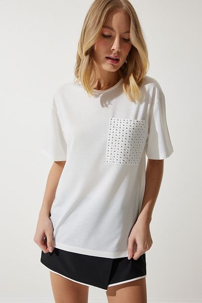 Happiness İstanbul Tricou supradimensionat cu detalii cu piatră albă pentru femei PB00026