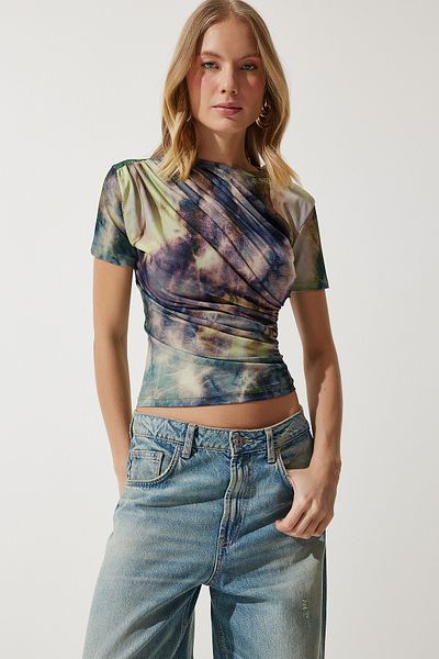 Happiness İstanbul Grüne gemusterte, geraffte Sandy-Bluse für Damen FF00165