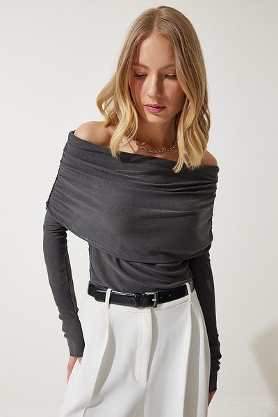 Happiness İstanbul Γυναικεία Anthracite Off-the-Shoulder Gather Λεπτομερή μπλούζα US00920