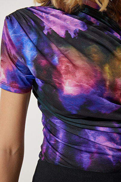 Happiness İstanbul Γυναικεία Μπλούζα με Μαύρη Μωβ Μαζευμένη Αμμουδιά FF00165