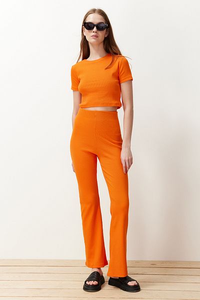 Trendyol Collection Orange Crop Crew Neck Ribbed Stretchy Knitted Blouse and Pants Top and Bottom Set TWOSS21AU0160
