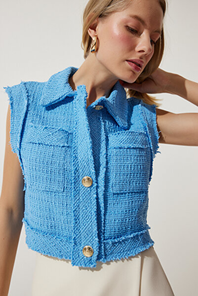 Happiness İstanbul Vestă din tweed, cu model, cu nasturi, elegantă, albastră pentru femei WF00068