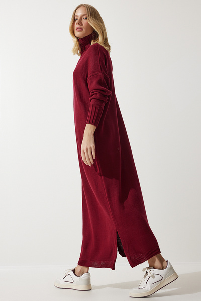 Happiness İstanbul Dámské bordó rolák s rozparkem oversize úpletové šaty PF00042