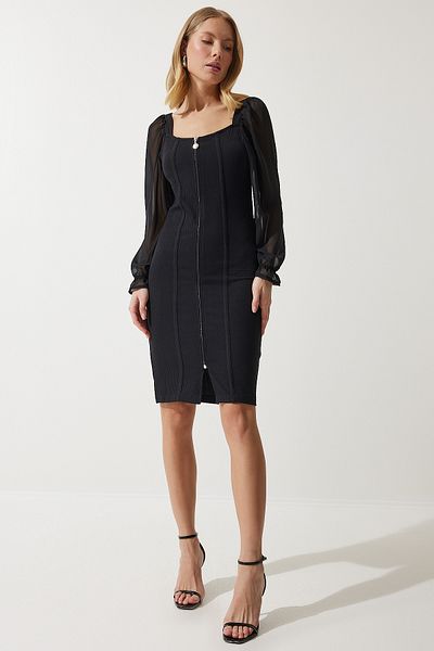 Happiness İstanbul Rochie de damă din șifon negru, cu fermoar, tricotată cu nervuri AN00188
