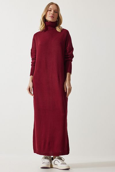 Happiness İstanbul Burgunderrotes Oversize-Strickkleid mit Rollkragen und Schlitz für Damen PF00042