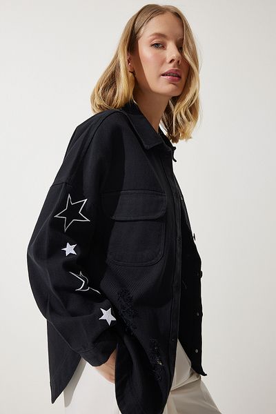 Happiness İstanbul Women's Black Star Embroidered Oversize Shirt Jacket SA00026
