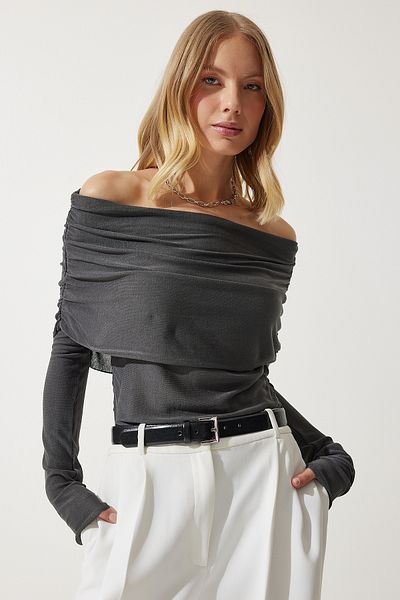 Happiness İstanbul Γυναικεία Anthracite Off-the-Shoulder Gather Λεπτομερή μπλούζα US00920